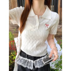 批发白色POLO领纽扣设计短袖针织衫女2026夏季新款蝴蝶结刺绣短款上衣