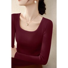 春秋羊毛修身方领U领针织衫女2025新款时尚内搭简约长袖上衣打底