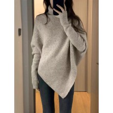批发设计款不规则高领蝙蝠袖羊绒针织衫女秋冬宽松中长款毛衣翻领毛衫