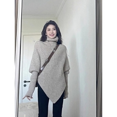 批发慵懒松弛高领不规则<b class='q'>宽松</b>上衣女蝙蝠袖外穿针织衫