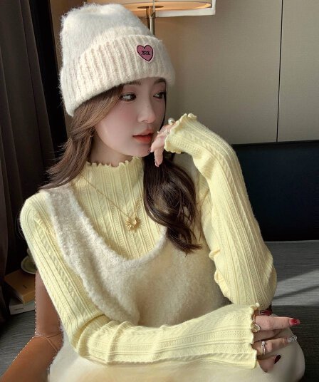 거위 옐로우 반하이넥 기본 셔츠 여성 인사이드 가져 가라. 봄 가을 새로운 프릴 스웨터 고급 센스 몸매 가꾸기 긴팔 맨위