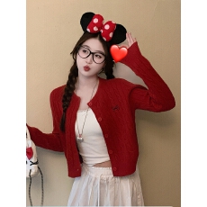 批发红色毛衣<b class='q'>开衫</b>蝴蝶刺绣复古麻花针织外套上衣2026春秋季穿搭