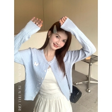 批发蓝色针织<b class='q'>开衫外套</b>女2025新款韩系秋冬穿搭毛衣蝴蝶结上衣