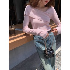 批发法式不规则<b class='q'>一字肩</b>设计长袖针织衫女2025秋季修身显瘦百搭小众<b class='q'>上衣</b>