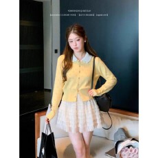 批发撞色减龄娃娃领针织开衫女短款上衣 1OO棉