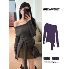 批发灰色不规则斜肩<b class='q'>针织</b>衫女2025秋冬新款设计感收腰绑带早秋chic<b class='q'>上衣</b>