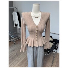 批发千金感 扣子喇叭袖V领针织衫修身长袖开衫<b class='q'>荷叶边</b><b class='q'>毛衣</b>上衣