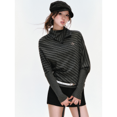 秋冬条纹针织翻领毛衣蝙蝠袖古早气质上衣慵懒宽松显瘦罩衫