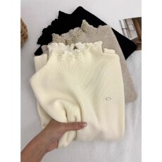 批发秋冬半高领<b class='q'>蕾丝</b>边软糯针织毛衣长袖<b class='q'>打底衫</b>女装宽松高级感内搭上衣