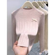 批发蝴蝶结<b class='q'>蕾丝</b>拼接圆领内搭长袖针织衫女秋冬新款修身显瘦<b class='q'>打底衫</b>上衣