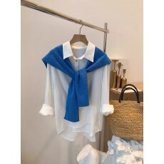 批发韩版针织披肩女外搭春季新款时尚复古麻花宝石蓝叠穿<b class='q'>衬衫</b>坎肩女潮