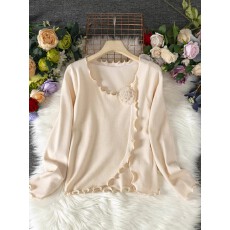 批发2026年新款春季<b class='q'>荷叶边</b>长袖拼接套头斜领甜美纯色山茶花针织衫