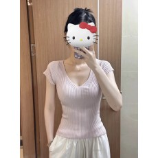 批发纯欲气质V领粉色针织<b class='q'>T</b>恤女夏季新款甜美百搭修身显瘦短袖小上衣