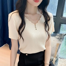 批发冰丝短袖t恤女装夏季新款修身短款<b class='q'>韩版</b>纽扣V领针织<b class='q'>打底衫</b>薄款上衣