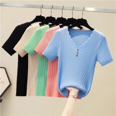 批发洋气打底衫女内搭v领冰丝黑白色短袖t恤夏季修身针织衫上衣外穿