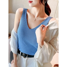 批发跑量v领针织吊带<b class='q'>女</b>内搭2026春夏蓝色无袖外穿上衣西装打底小背心