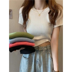 批发短袖修身t恤2026年新款法式小衫高档洋气短款紧身冰丝上衣女夏季