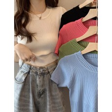 批发<b class='q'>白色</b>短袖<b class='q'>T</b>恤女夏季法式圆领冰丝针织衫修身高腰牛仔裤配短款上衣