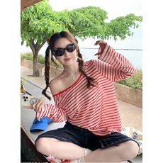 批发罩衫薄纱上衣2026新款夏季薄款斜肩条纹<b class='q'>t</b><b class='q'>恤</b>女<b class='q'>长袖</b>针织衫