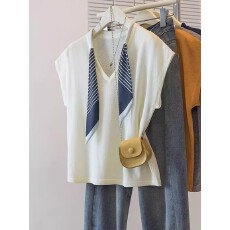 批发慵懒风灰色条纹丝巾V领正肩短袖<b class='q'>T</b>恤女2026夏针织衫薄款冰丝上衣