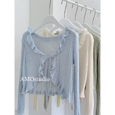 批发荷叶边系带冰丝针织防晒<b class='q'>开衫</b>夏季薄款女小披肩外套纯欲风甜辣外搭