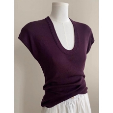 批发紫色U领针织冰丝<b class='q'>T</b>恤短袖女夏季薄款修身显瘦小飞袖高级感气质上衣