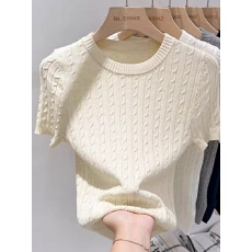 批发圆领短袖针织衫女春夏季设计感麻花修身短款<b class='q'>t</b>恤上衣女潮