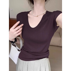 批发紫色U领针织冰丝<b class='q'>T</b>恤短袖女夏季薄款修身显瘦小飞袖高级感气质上衣