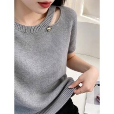 批发洋气百搭圆领镂空短袖女夏季针织宽松显瘦<b class='q'>上衣</b>别致高级感<b class='q'>打底</b>衫