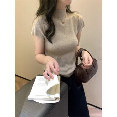 批发半高领短袖t恤女针织中领打底衫白色内搭2026年新款春夏爆款上衣
