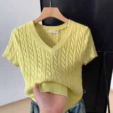 批发V领麻花内搭短袖毛衣针织衫女短款宽松显瘦温柔风套头<b class='q'>打底</b>衫<b class='q'>上衣</b>