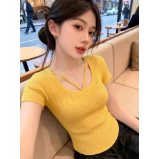 批发多巴胺纯欲甜辣妹深v领锁骨针织衫女夏季绝美修身显瘦短袖t恤上衣