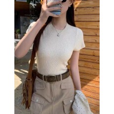 批发<b class='q'>针织</b>短袖女2026新款夏季白色复古修身显瘦<b class='q'>圆领</b>t恤短款上衣