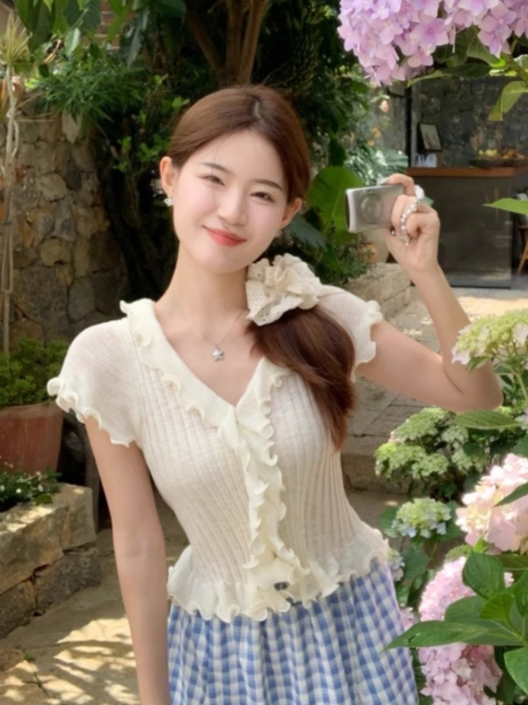 RY2839# 2026夏季新款V领短袖针织衫女设计感小心机木耳边时尚百搭上衣薄