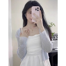 批发蓝色缕空防晒外搭<b class='q'>针织</b>开<b class='q'>衫</b>女夏季薄款小披肩冰丝外套罩<b class='q'>衫</b>短款上衣