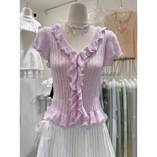 批发2026夏季新款针织衫短袖设计感显瘦荷叶边独特超好看单穿上衣漂亮