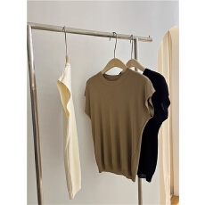 批发白色冰丝针织短袖t恤女夏季设计感小众正肩别致ins潮短款修身上衣