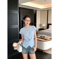 批发法式韩系温柔风针织衫女侧边纽扣交叉设计收腰显瘦不规则上衣初夏