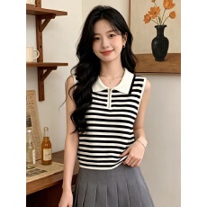 批发韩系经典黑白条纹Polo领针织马甲<b class='q'>女</b>夏季半拉链无袖修身显瘦背心潮