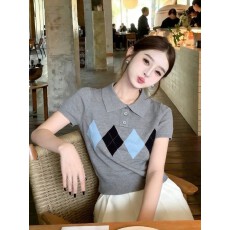 批发美式复古菱格polo衫短袖针织T恤女夏设计感甜美气质显瘦<b class='q'>通勤</b>上衣