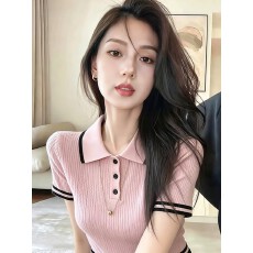 批发轻熟温柔粉色翻领短袖针织衫女夏独特漂亮修身百搭<b class='q'>t</b><b class='q'>恤</b>内搭打底衣