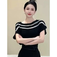 批发韩版夏装冰丝针织<b class='q'>T</b><b class='q'>恤</b>女一字领镂空蝙蝠袖外穿显瘦薄款设计感上衣