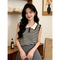 批发韩系经典黑白条纹Polo领针织马甲女夏季半拉链无袖修身显瘦<b class='q'>背心</b>潮