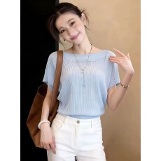 批发法式一字肩蝙蝠袖薄款针织衫T恤女2026夏新款显瘦高级感短袖上衣
