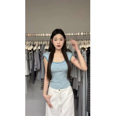 批发条纹U领小飞袖t恤女26夏季设计感小众修身显瘦百搭<b class='q'>背心</b>上衣