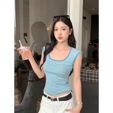 批发蓝色条纹针织短袖T恤女2026夏季新款莱赛尔天丝无袖修身上衣