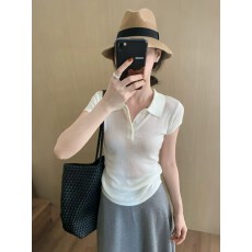 批发韩系气质减龄白色polo领针织衫短袖T恤女夏季正肩短款上衣