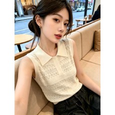 批发夏季针织翻领无袖背心女夏小个子镂空纽扣纯色上衣小众可通勤穿搭