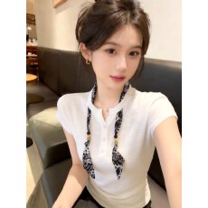 批发超好看单穿丝巾白色短袖t恤夏季2026新款独特别致修身气质上衣女