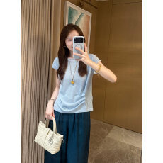 批发连肩针织短袖女26夏季新款褶皱开衩设计感上衣